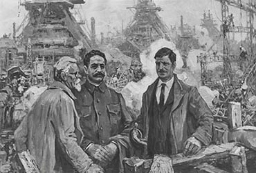 P.Redin picture Mikhail Kalinin, Sergo Ordzhonikidze and Vlas Chubar on the construction of the factory 'Zaporizhstal'. November, 1933