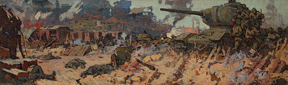P. Redin painting Exemption of Zaporozhye from Nazi invaders. The first tank landing   